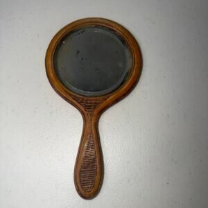 Vintage Japanese Hand Carved Painted Red Poppy Flower Design Wood Hand Mirror